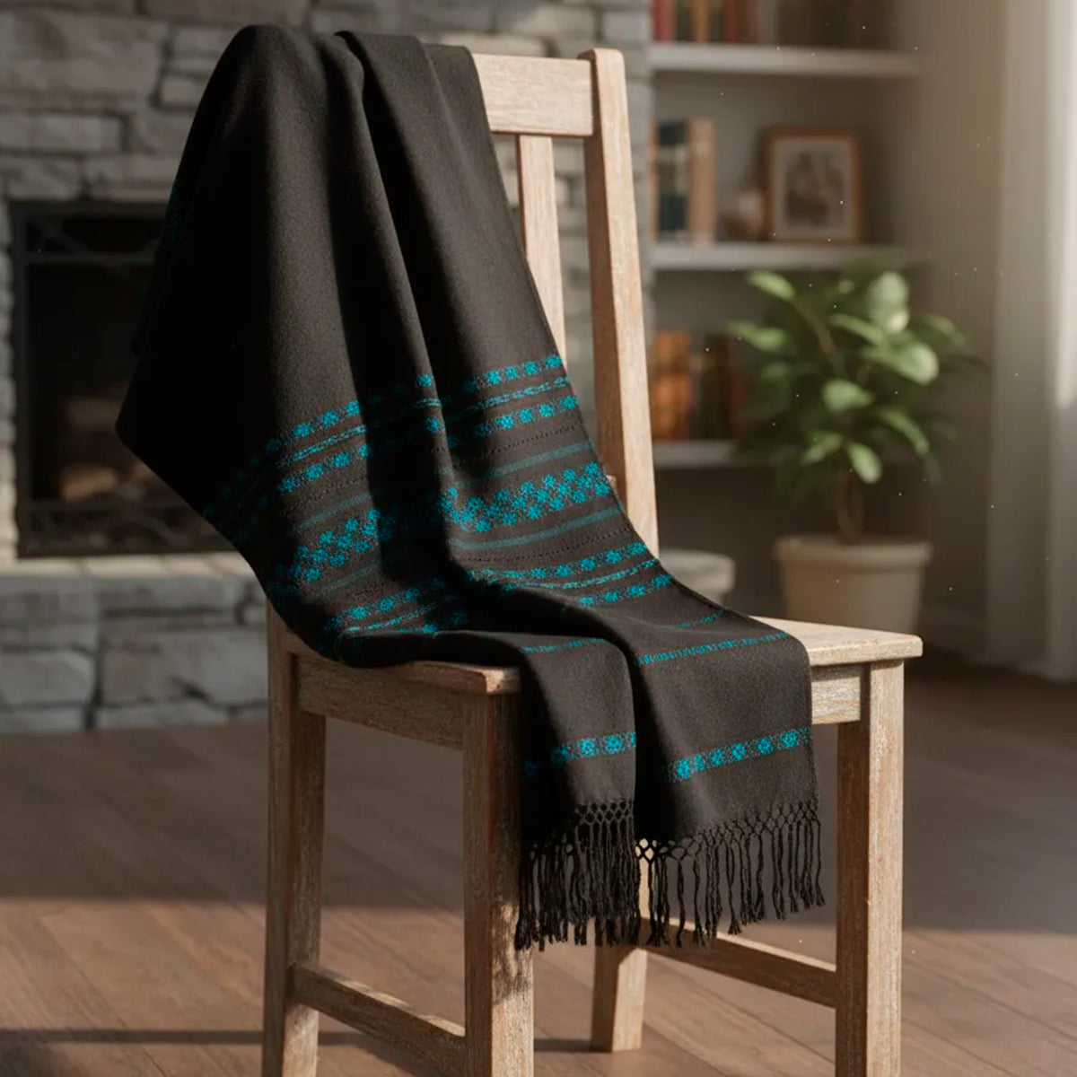 Rebozo Fino Artesanal Mexicano, Negro con diferentes colores bordados. Hechos en Telar